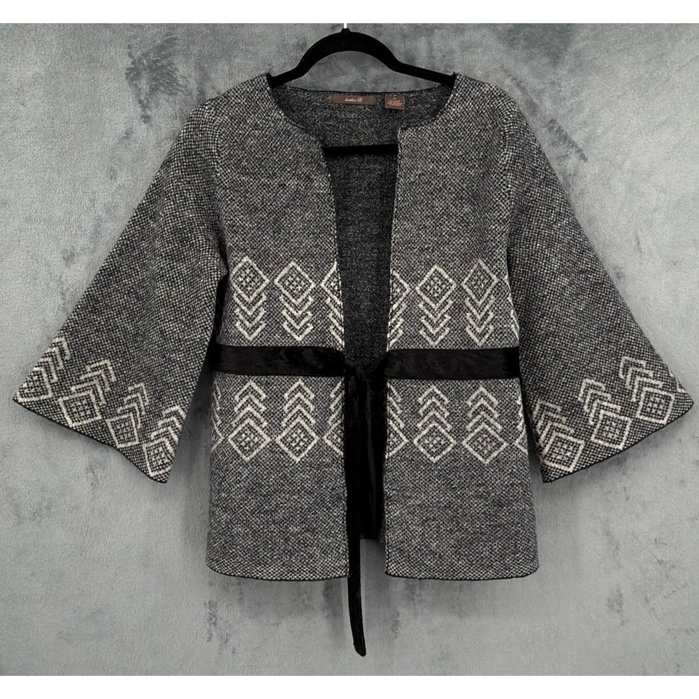 Heather B Sweater Women Size M Gray Wool Tie Front Boho Bell Sleeve Cardigan